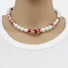 Ras du cou eau douce blanc mer du sud coquille perle collier pierre ronde rouge perles fleur fermoir pour femmes bijoux de mariage 38 8 cm