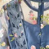 Super Xiansen Series Dress Light and Luxury in Spring High End broderi Mesh Fragmentered Blue Stand Collar Large Swing kjol