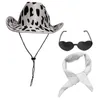 Bérets Chapeau de cowboy imprimé vache, déguisement occidental, ensemble de sport, costume d'Halloween, bandanas en feutre, lunettes de soleil en forme de cœur