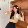 Frauen Blusen Sommer Plaid Puff Sleeve Elegante Crop Top Drehen Unten Kragen Botton Kurze Shirts Süße Koreanische Gelb Blau bluse