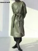 Lederen faux leer mauroicardi lederen veer herfst lange oversized legergreen zwarte faux lederen trench jas sashes losse luxe designer kleding 2022 T221102