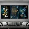 Canvas Painting Nordic Gold Blue Butterfly Leaf Gilt Picture Wall Poster Modern Style Cloth Print Painting Art Aisle Living Room Bedroom Decor Unframe