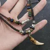 Choker 2Layers Leather Rope Necklace Vintage Wolf Tooth Ancient Tribe Man Bead Charm Wax Faux