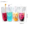 100pcs Clear Drink Bolsa Bolsas com zíper fosco saco de bebida plástico com palha com suporte reclosável à prova de calor SS1119