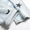 Jeans da uomo Uomo Stelle Toppe Jeans denim elasticizzati Streetwear Pantaloni patchwork in pelle tie-dye Pantaloni dritti slim strappati T221102