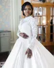 Vintage Ball Gown Wedding Gowns High Neck Dubai Arabia Lace Appliques Crystal Beads Long Sleeves Plus Size Bridal Party Dresses Robe De Marriage Button Back 403