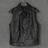 Men's Vests Vest Leather Genuine Men's Cowhide Oblique Zipper Motorcycle Biker Stand Collar Sleeveless Jackets Waistcoat