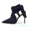 Sandales femmes Sexy talon haut femme mode talons noir daim à lacets bout pointu chaussures de soirée dames chaussures grande taille