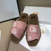 Wood Bottom Slippers New Fashion Women Slides Embroidered Letter Brand Designer Shoes Outdoor Cross Strap Flat Heel Weave Canvas Open Toe Non Slip Platform EUR36-41