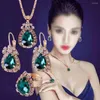 Collier boucles d'oreilles ensemble beauté émeraude pierre cristaux mariée couleur or vert bijoux ensembles pour femmes anneau fête de mariage