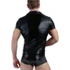 Motorcycle Biker Faxu Leather Men's T-shirts Men Shorts Sleeve Streetwear Turn-down Collar Shirts Male Casual T Shirts Single Breast