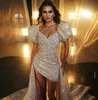 Sparkly Sweath Prom Promes v вырез с блестками вечерние платья с съемными поездами с коротким рукавами Особый случай официальный износ