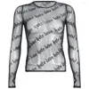 Damenblusen, sexy Damen-Mesh-T-Shirts, durchsichtige Perspektive, T-Shirt mit Buchstaben, bedruckt, O-Ausschnitt, transparent, langärmelig, T-Shirt-Oberteile