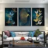 Canvas Painting Nordic Gold Blue Butterfly Leaf Gilt Picture Wall Poster Modern Style Cloth Print Painting Art Aisle Living Room Bedroom Decor Unframe