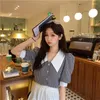 Frauen Blusen Sommer Plaid Puff Sleeve Elegante Crop Top Drehen Unten Kragen Botton Kurze Shirts Süße Koreanische Gelb Blau bluse