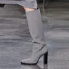 Kesme diz boyu jacquard logo botları moda diz bot tıknaz topuk badem ayak parmakları 9cm yükseklikte topuklu patikler uzun boylu boot kadınlar için lüks tasarımcı fabrika ayakkabı