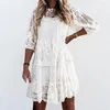 Casual Dresses Dress Female Beach Vestidos Crew Neck 3/4 Sleeve Ruffle Hem Women Crochet Brodery Spets Mesh Stitching Mini