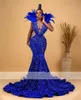 Robe De Bal De Sirène Bleu Royal Scintillant 2023 Perles De Cou Transparentes Plumes Paillettes Plus La Taille Robes De Fête D'anniversaire Africaines Robe De Bal