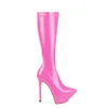 Lady Women New Boots Patent 2022スタイル膝シープスキンレザーファッションハイヒールポイントピレッジトゥーナイトブーティーカジュアルパーティードレスシューズプラットフォームZip Siz 674