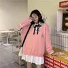 Rosa japansk skol uniform preppy stil tröja kvinnor höst ny koreansk mode lös enkel v-ringning avslappnad