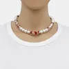 Halsband Süßwasser Weiße Südsee Muschel Perlenkette Stein Runde Rote Perlen Blumenverschluss Für Frauen Hochzeit Schmuck 38 8 cm