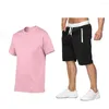 Herrspårar sommar avslappnad herr t-shirt byxor passar kortärmad tryckt bomullsskjorta jogging tröjor sportswea