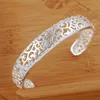 Bangle 925 Stamp Silver Color Women's Hollow Flower Adjustable Cuff Bangles Bracelet On Hand Luxury Engagement Party Charm Jewelry