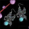 Dangle Chandelier 1Pair Jewelry Ethnic Vintage Tibetan Sier Stone Royal Butterfly Dangle Earrings Drop Delivery 2022 Dha6S