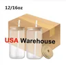 USA STOCK 16 oz Sublimation Glass Beer Mugs with Bamboo Lid Straw Tumblers DIY Blanks Frosted Clear Can Cups Heat Transfer Iced Coffee Whiskey Glasses hh0422