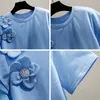 Women's T Shirts 2022 Summer Woman's T-Shirts Beads Three-Dimensional Flower Decoration Single-Side Ruffled Stitching Tops Blue Tees