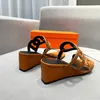 Womens Naturel Black Leather 55 Sandals Mid-Heel Slides Wedge Heeled Mules Lady Heels Chain Slippers Casual Fashion
