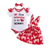 Kl￤derupps￤ttningar 0-24m Born Baby Girl Short Sleeve Cotton Bodysuit Topps Tryck Suspender kjol pannband 3 st valentins kl￤dupps￤ttning