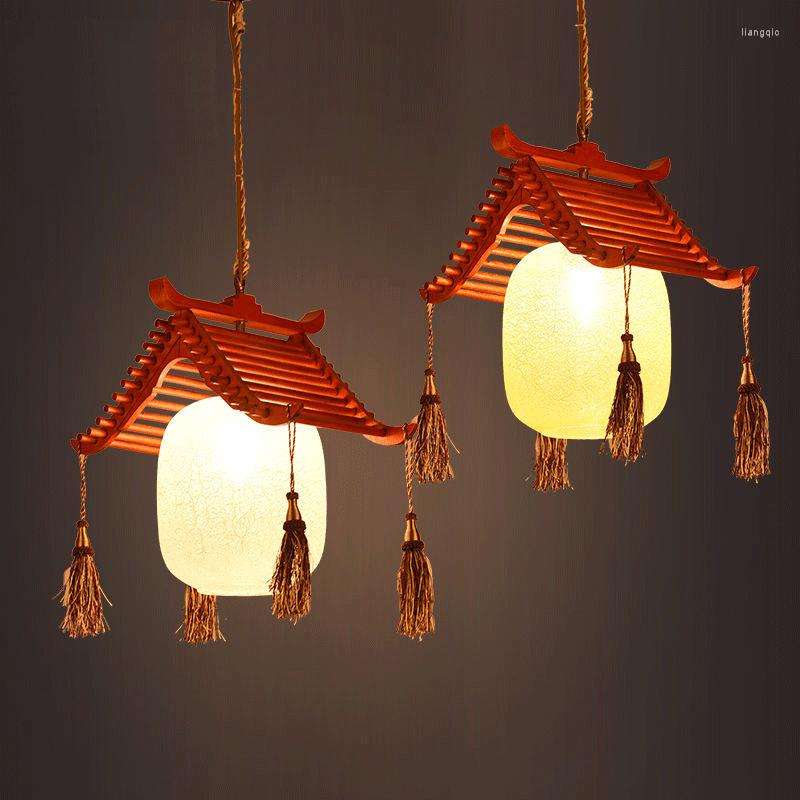 Pendant Lamps Chinese Retro Wooden Glass Chandelier Lamp Lights Dinning Room Living Decoration E27