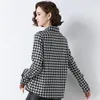 Kvinnor Bluses Women Black Red Houndstooth Shirts Smart Casual Wid Down Collar Long Sleeve Single Breasted Top Ladies Outfits Autumn