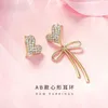 Stud Earrings AB Heart S925 For Women Cubic Zirconia Bowknot Pin Gold Plated Party Wedding Jewelry