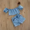 Set di abbigliamento da 2 pezzi da bambino abito estate abito estivo in denim top a spalline a spalline tops a vita elastica set di vestiti per