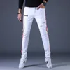 Jeans da uomo # 1318 White Pencil Slim Side Striped Skinny Streetwear strappato per vestibilità regolare Biker Man stampato T221102