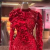Sparkly Red High Neck Evening Dresses Mermaid Ruffles Long Sleeves Crystals Beads Sequins African Aso Ebi Prom Reception Gown