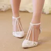 Sandaler Summer Pointed Pearl Chain Fine High-Heeled Bridal Wedding Shoes Sexig All-Match Bankettkl￤nning Vuxen g￥va stor storlek Kvinna Sanda