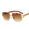 Gafas de sol cuadradas sin montura de grano de madera para mujer, Gafas de sol con decoración de León dorado, Gafas de sol para hombre, Gafas UV400