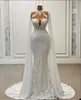 2023 Sexy Sirène Robes De Mariée Illusion Col Haut Manches Longues Cristal Perles Dentelle Appliques Plus La Taille Personnalisé Pays Robes De Mariée Étage Longueur Robe De Mariee