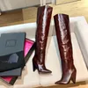 2023 designer women creasing pointed knee-high boots luxury Fashion sexy black white pink Sky blue leather Boots Pointe Thick heel serpentine pattern Shoes size 35-39