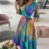 Casual Dresses Summer Tie Dye Long Dress for Women Printing Sexy V Neck Half Sleeve Lace Up Midi Formal Elegant Vestido Robe