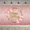 Décoration de fête joyeux anniversaire, arrière-plan de photographie, ballon rose, bannière à taches scintillantes pour filles et femmes