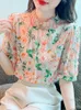 Blouses pour femmes Bow Stand Col Floral Puff Sleeve Chemise en mousseline de soie pour les femmes 2022 Été Ample Super-Fée Doux Top Blusas Mujer