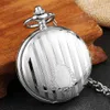 Luxe Silver Stripe Sculpté Vintage Montre De Poche Mécanique Double Face Main Vent Hommes Femmes Squelette Steampunk Chaîne Fob Montres T286G