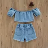 Set di abbigliamento da 2 pezzi da bambino abito estate abito estivo in denim top a spalline a spalline tops a vita elastica set di vestiti per