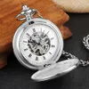 Luxury Silver Stripe Carved Vintage Mechanical Pocket Watch Double Side Hand Wind Men Women Skeleton Steampunk Chain Fob Watches T286G