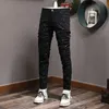 Джинсы с эффектом потертости, мужские джинсы с потертыми нашивками, облегающий крой, черный винтажный байкерский крой, джинсовая ткань