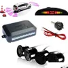 Car Rear View Cameras Parking Sensors New Dc12V Led Bibibi Car Parking 4 Sensors Reverse Backup Rear Buzzer Radar System Kit Sound Dhoqb